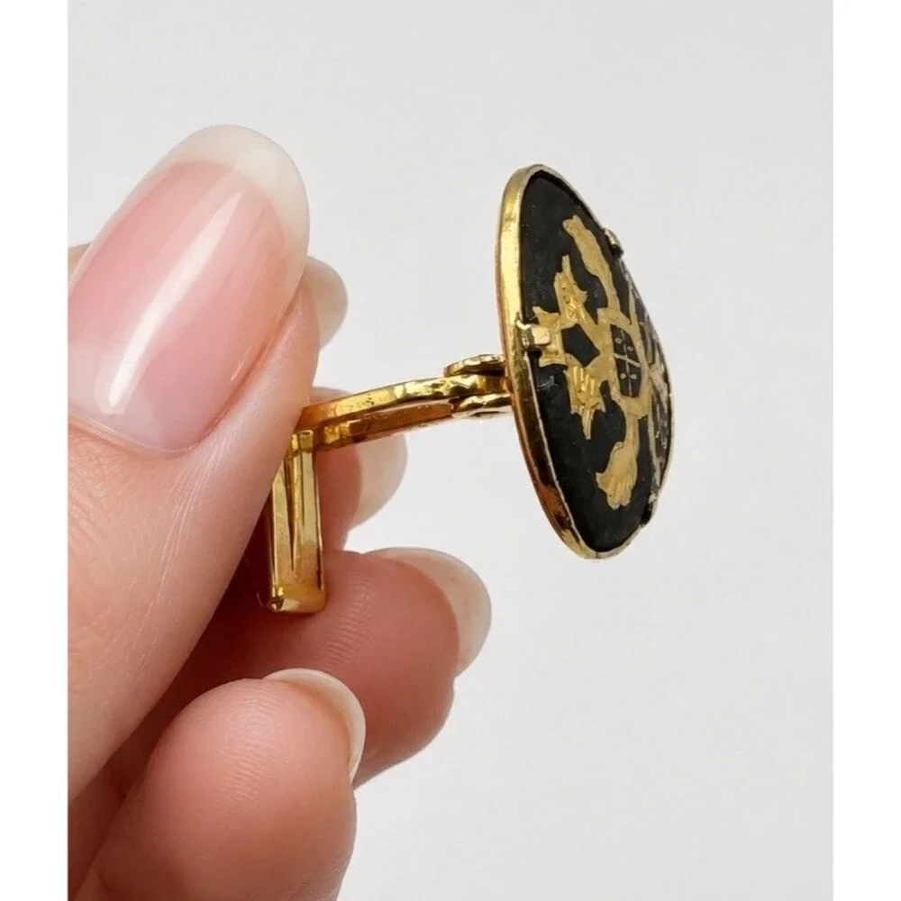 Vintage 1960s Gold Tone Black Enamel Heraldic Eagle Crest Cufflinks MCM Men’s